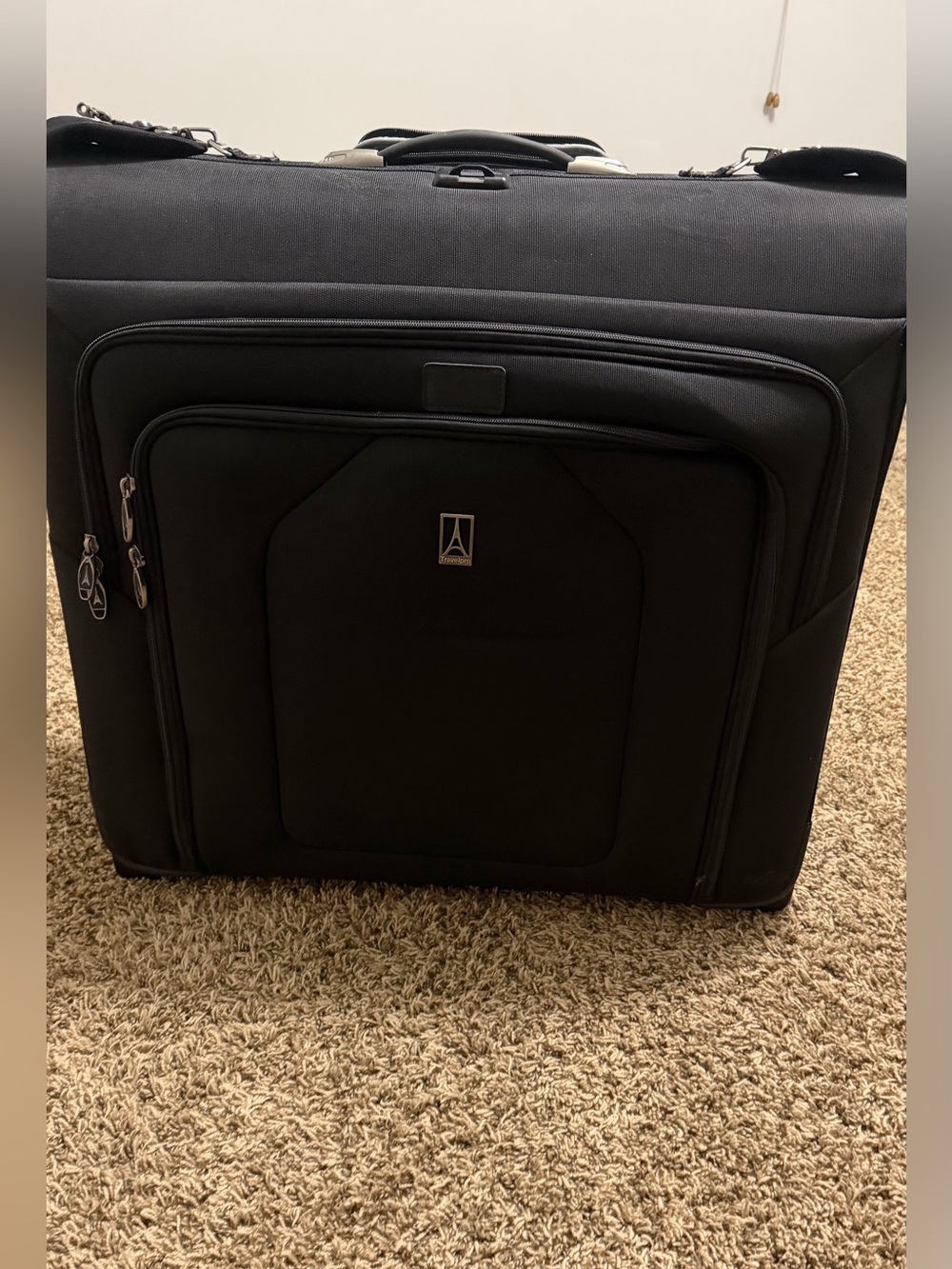 Black Upright Carry-On Suitcase with Front Pocket